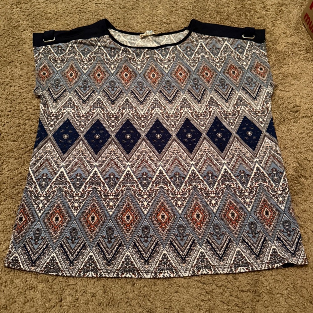 Lavish Womens Medium Blue Orange Geometric Diamond Print Buckle Shoulder Top